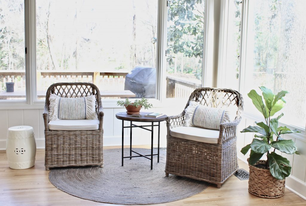 Reading nook wicker chairs fiddle leaf fig