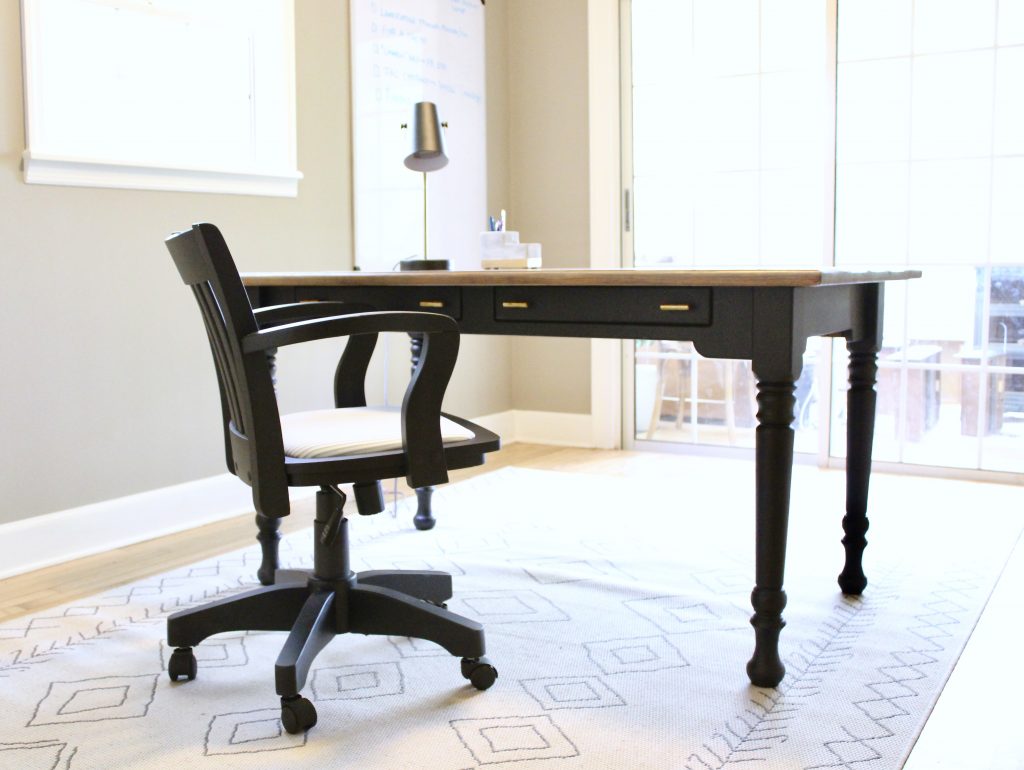 black modern farmhouse desk with black desk chair
