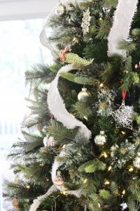 Neutral Christmas Decor - artificial Christmas tree with cream cascading ribbon | www.ourhammockhouse.com 
