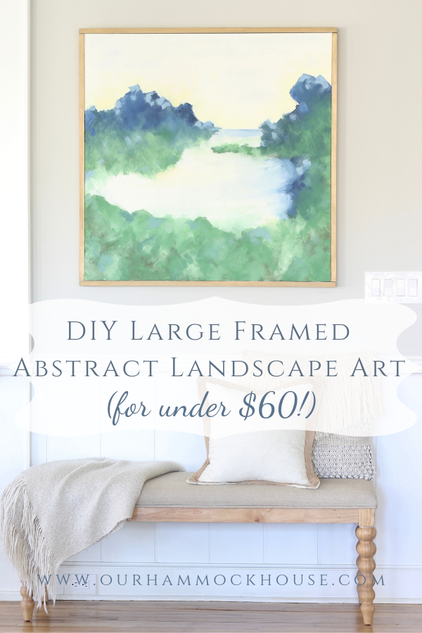 DIY large framed abstract landscape art with blue, green, white, yellow, and gray. Make your own designer inspired art for less than $60! #DIY #abstractart #abstractpainting #abstractlandscape #DIYart 