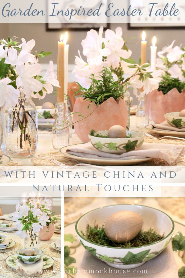 Create an Easter table inspired by the garden, with vintage china, white flowers in mason jars, and tapered candles. DIY this spring tablescape with flowers from your garden. #eastertable #springtable #springdecor #easterdecor #tablescape #tablesetting