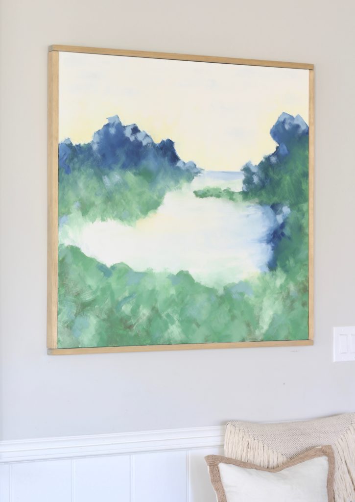 DIY large abstract landscape art with blue, green, white, yellow, and gray. DIY wood frame for canvas.  #DIY #abstractart #abstractpainting #abstractlandscape #DIYart 