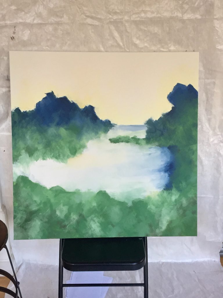Canvas painted with yellow, greens, and blues
