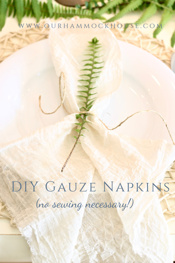 DIY your own gauze napkins using cheesecloth - no sewing required!  #DIYnapkins #gauzenapkins #cheeseclothnapkins #springtable #springdecor 