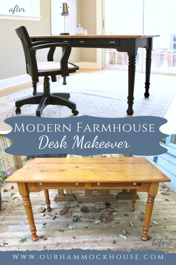 DIY Modern Farmhouse Desk Makeover - use black chalk paint and sleek brass hardware to transform a shiny orange table into a chic modern farmhouse desk | www.ourhammockhouse.com | #DIY #modernfarmhouse #paintedfurniture #chalkpaint #modernfarmhousedesk #homeoffice 