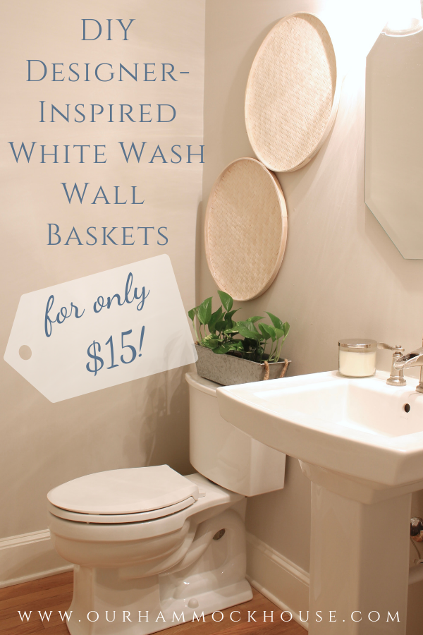 DIY designer-inspired white wash wall baskets in powder room bathroom above the toilet | www.ourhammockhouse.com | #basketwall #whitewashed #DIYwhitewash #powderroom #halfbath #toiletdecor 