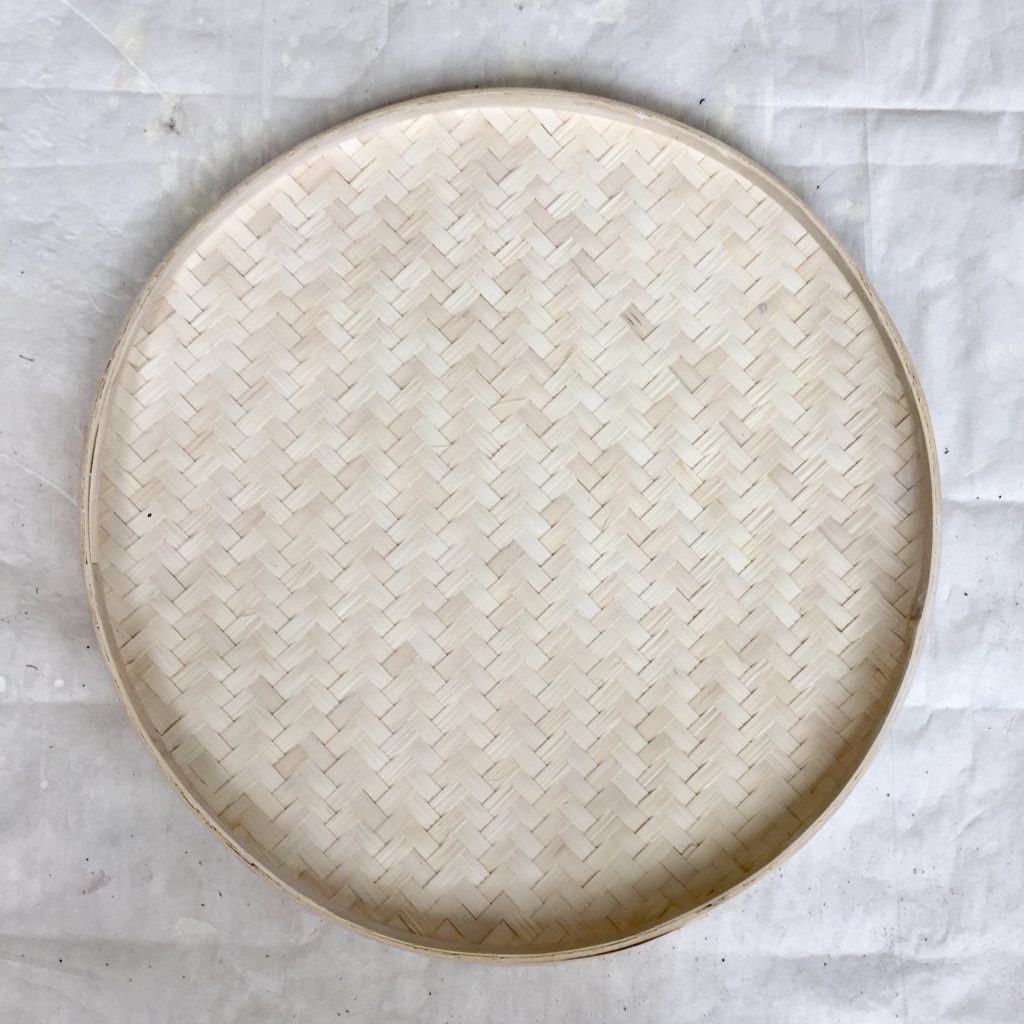 Handwoven bamboo basket tray with two coats of white wash