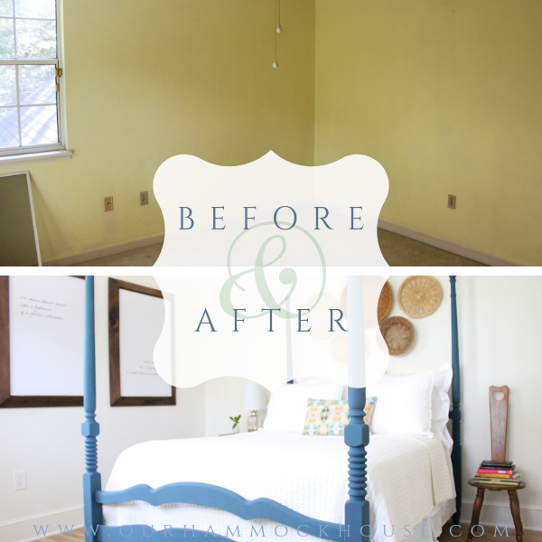 Renovation of a plain yellow room into a bright and airy guest room with vintage touches