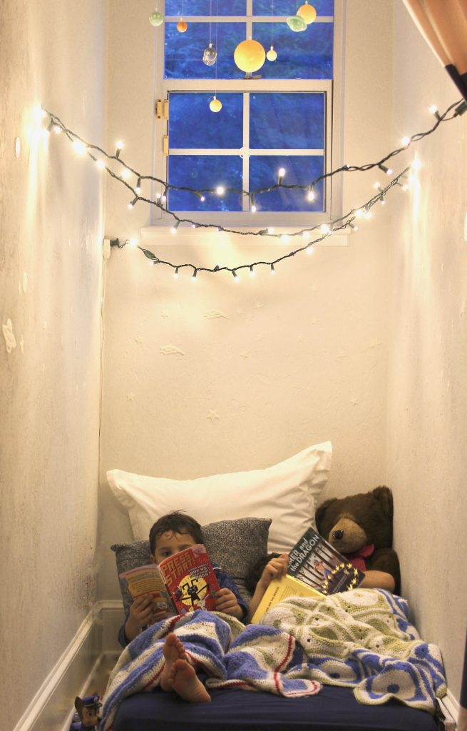 How to turn a dormer window into a secret hideout reading nook | www.ourhammockhouse.com | #kidsroom #kidsbedroom #boysroom