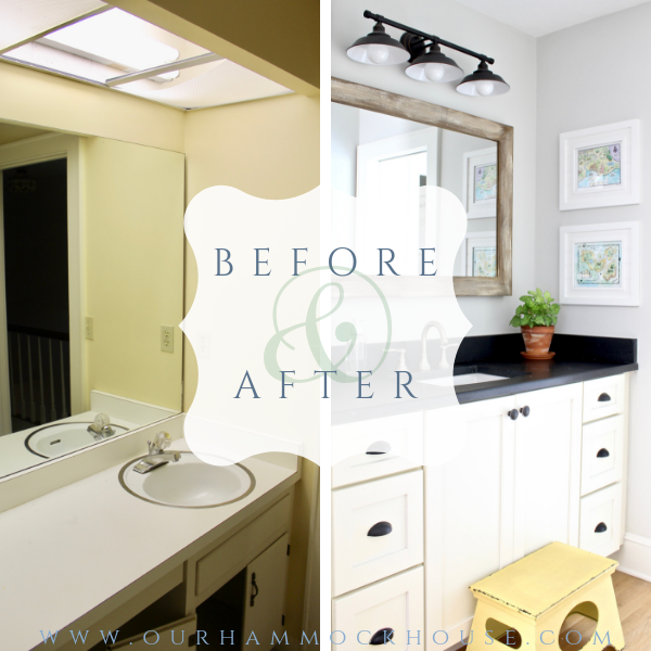 Jack and Jill Bathroom Makeover | From dated 80s bathroom to a modern farmhouse bathroom with pops of blue, green, and yellow | www.ourhammockhouse.com | #modernfarmhousebathroom #jackandjillbathroom #boysbathroom #kidsbathroom
