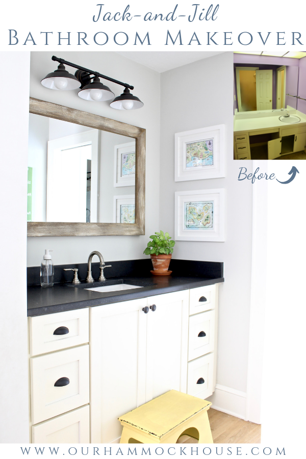 Jack and Jill Bathroom Makeover | From dated 80s bathroom to a modern farmhouse bathroom with pops of blue, green, and yellow | www.ourhammockhouse.com | #modernfarmhousebathroom #jackandjillbathroom #boysbathroom #kidsbathroom