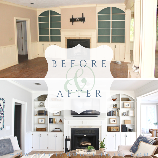 Renovation of dated living room into modern farmhouse living room with built-in shelves