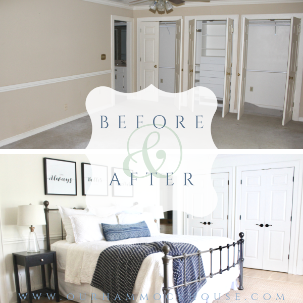 Renovating a boring beige room into a serene master bedroom with pops of navy blue