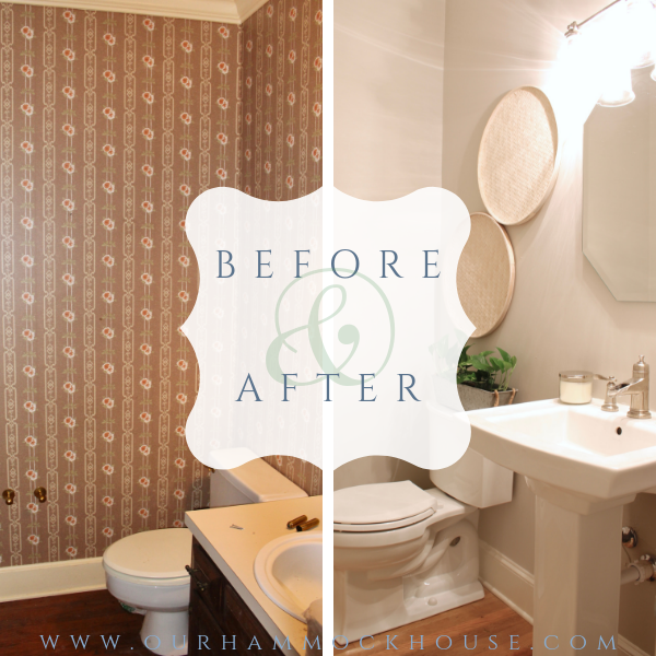 Before and after of powder room bathroom renovation, with removal of wallpaper and 80s vanity, and new pedestal sink, gray paint, and white washed basket wall | www.ourhammockhouse.com | #bathroomrenovation #bathroomremodel #powderroom #pedestalsink 