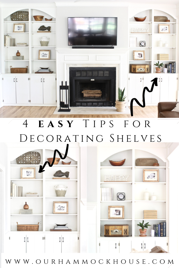 Tips on how to decorate and style built in shelves in your living room around the fireplace using neutral decor | www.ourhammockhouse.com | #builtinshelves #livingroom #fireplace #neutraldecor