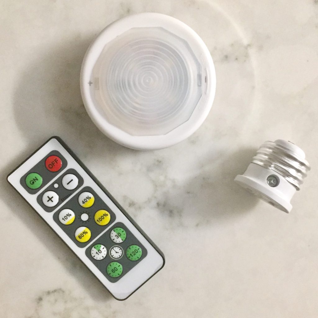 Puck light with remote and light socket adapter to make wireless sconce