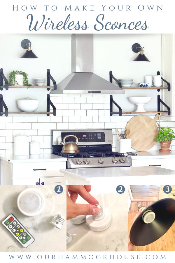 Easily turn hardwired sconces into wireless sconces! See how we installed these black and brass sconces above the open shelves in our white kitchen | www.ourhammockhouse.com | #wirelesssconce #blacksconce #wallsconce #openshelves #whitekitchen