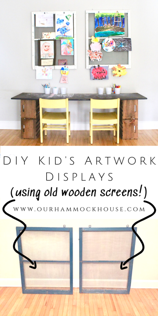 Looking for ideas to display your kid's artwork? This is an easy DIY project to display your child's art - using old wooden screens! www.ourhammockhouse.com #kidsartdisplay #childsartdisplay #kidsartwork