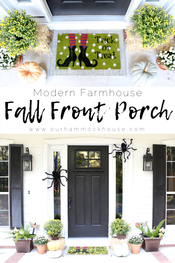 Ideas for decorating your modern farmhouse front porch or door for fall and halloween | www.ourhammockhouse.com | #falldecor #fallporch #fallfrontporch #halloweendecor