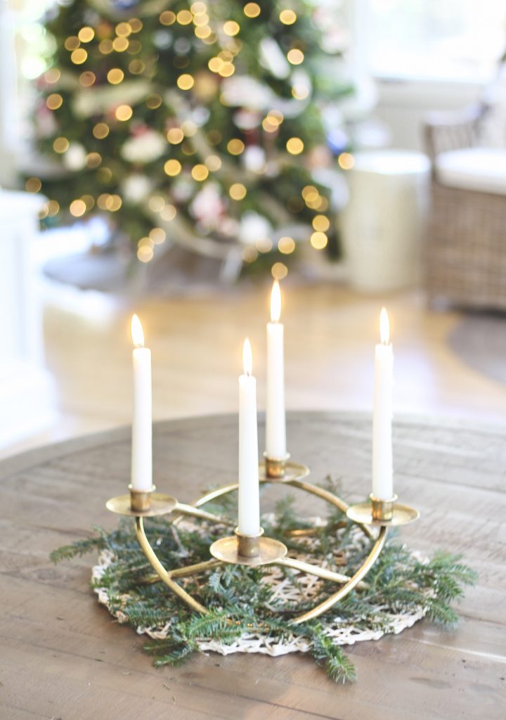 Christmas Home Tour 2019 | Gold advent candle holder with greenery | www.ourhammockhouse.com | #adventcandles