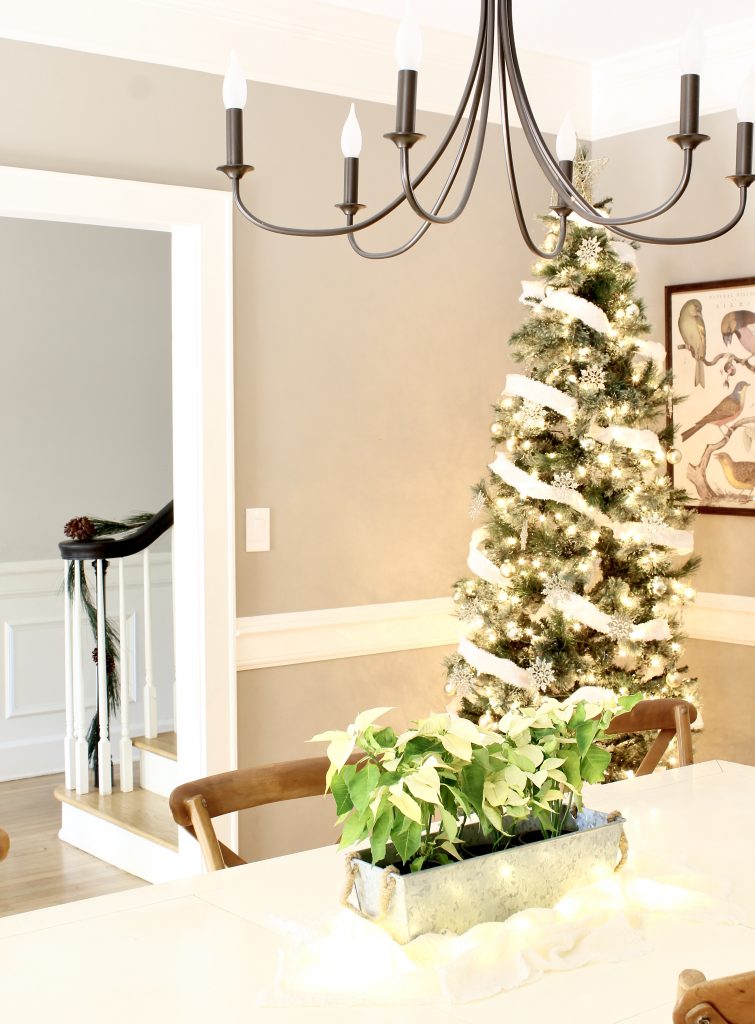 Christmas Home Tour 2019 | Dining room with white poinsettia centerpiece and fairy lights | www.ourhammockhouse.com | #christmastablescape