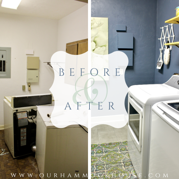 Before and After photos of laundry room makeover with navy blue walls | www.ourhammockhouse.com | #laundryroom #laundryroommakeover
